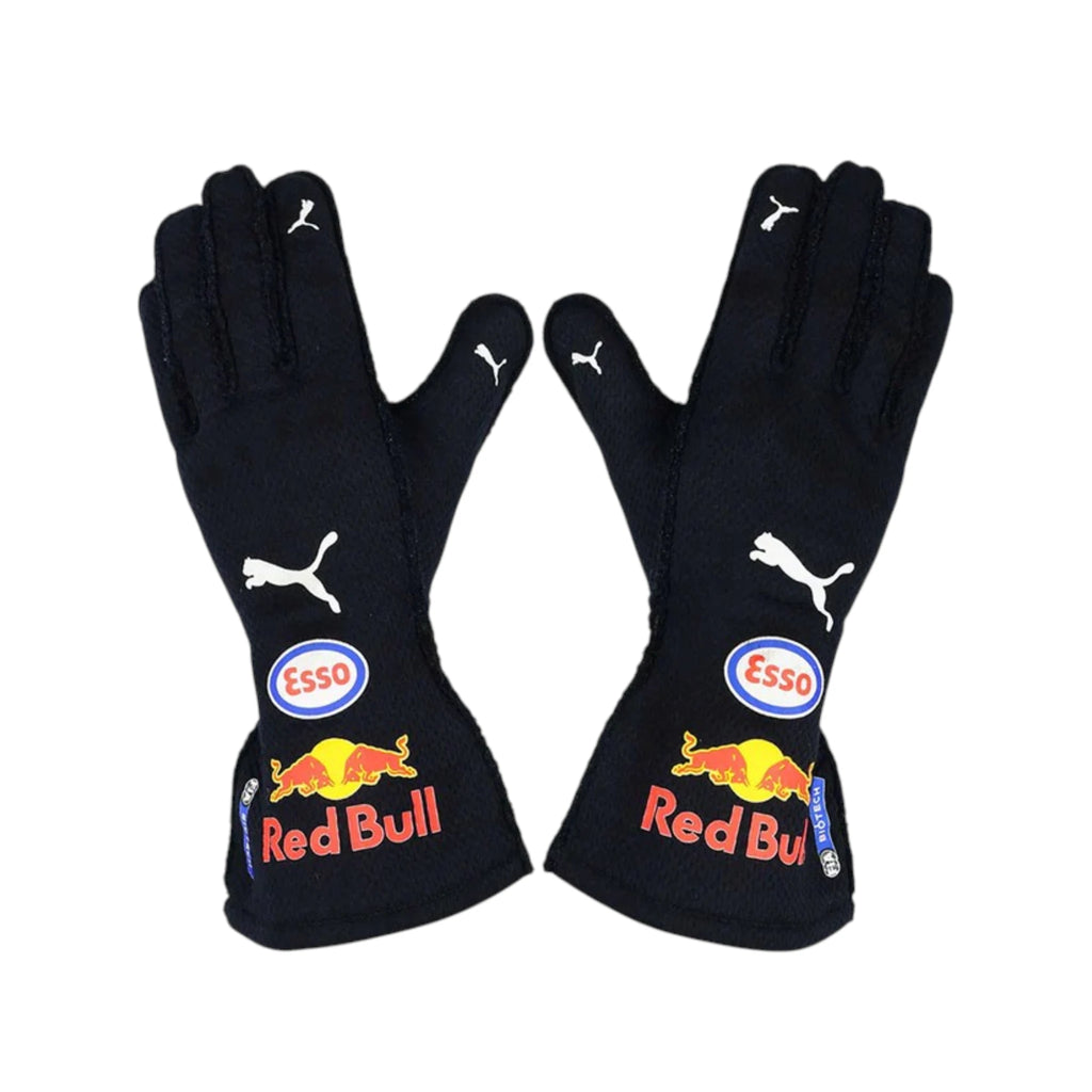 Max Verstappen 2021 Red Bull F1 racing gloves in dark navy with Red Bull Racing branding and sponsor logos