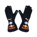 Max Verstappen 2021 Red Bull F1 racing gloves in dark navy with Red Bull Racing branding and sponsor logos