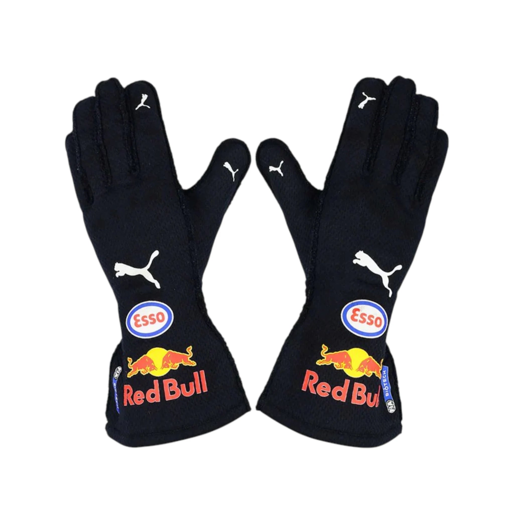 Max Verstappen 2021 Red Bull F1 racing gloves in dark navy with Red Bull Racing branding and sponsor logos