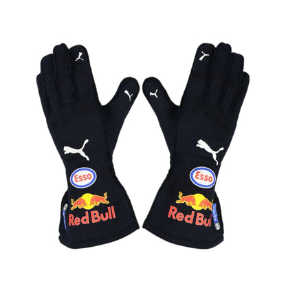 Max Verstappen 2021 Red Bull F1 racing gloves in dark navy with Red Bull Racing branding and sponsor logos