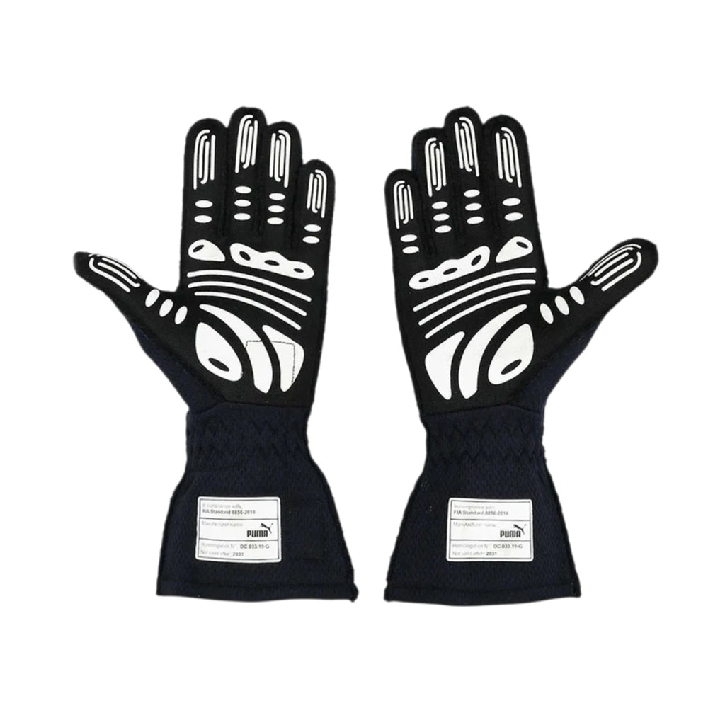 Max Verstappen 2021 Red Bull F1 racing gloves in dark navy with Red Bull Racing branding and sponsor logos