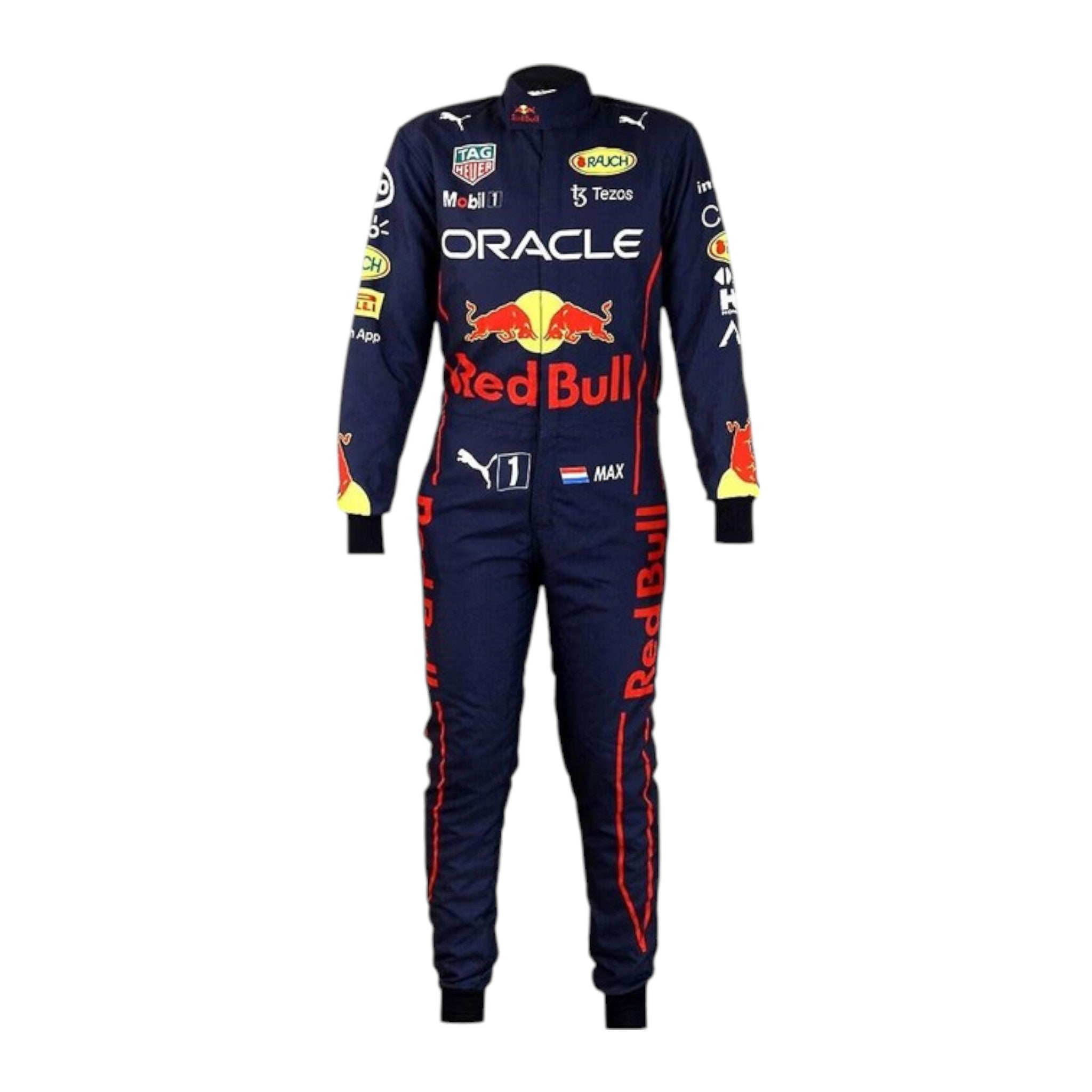 Max Verstappen 2022 Red Bull F1 race suit in navy blue with Red Bull and sponsor branding