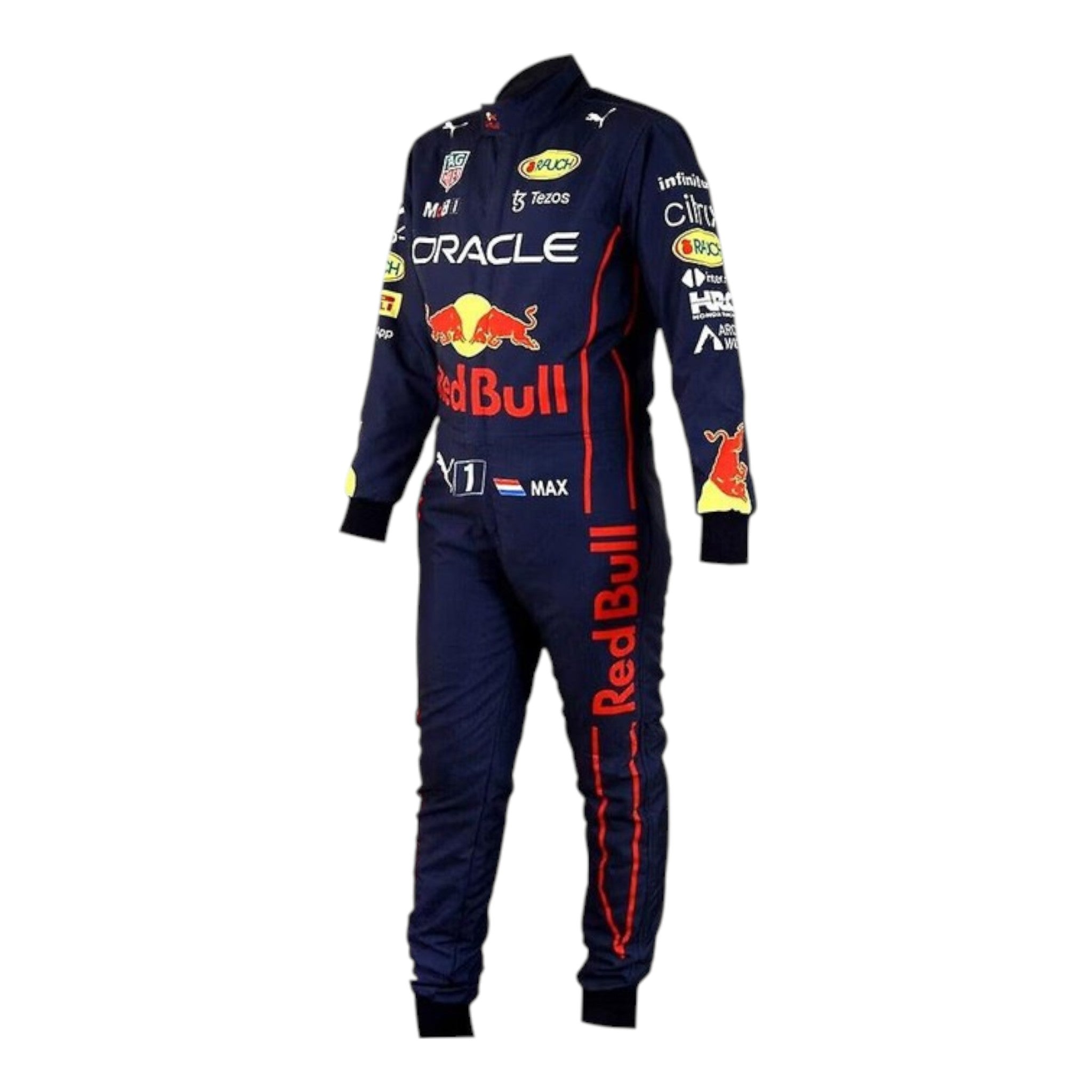 Max Verstappen 2022 Red Bull F1 race suit in navy blue with Red Bull and sponsor branding