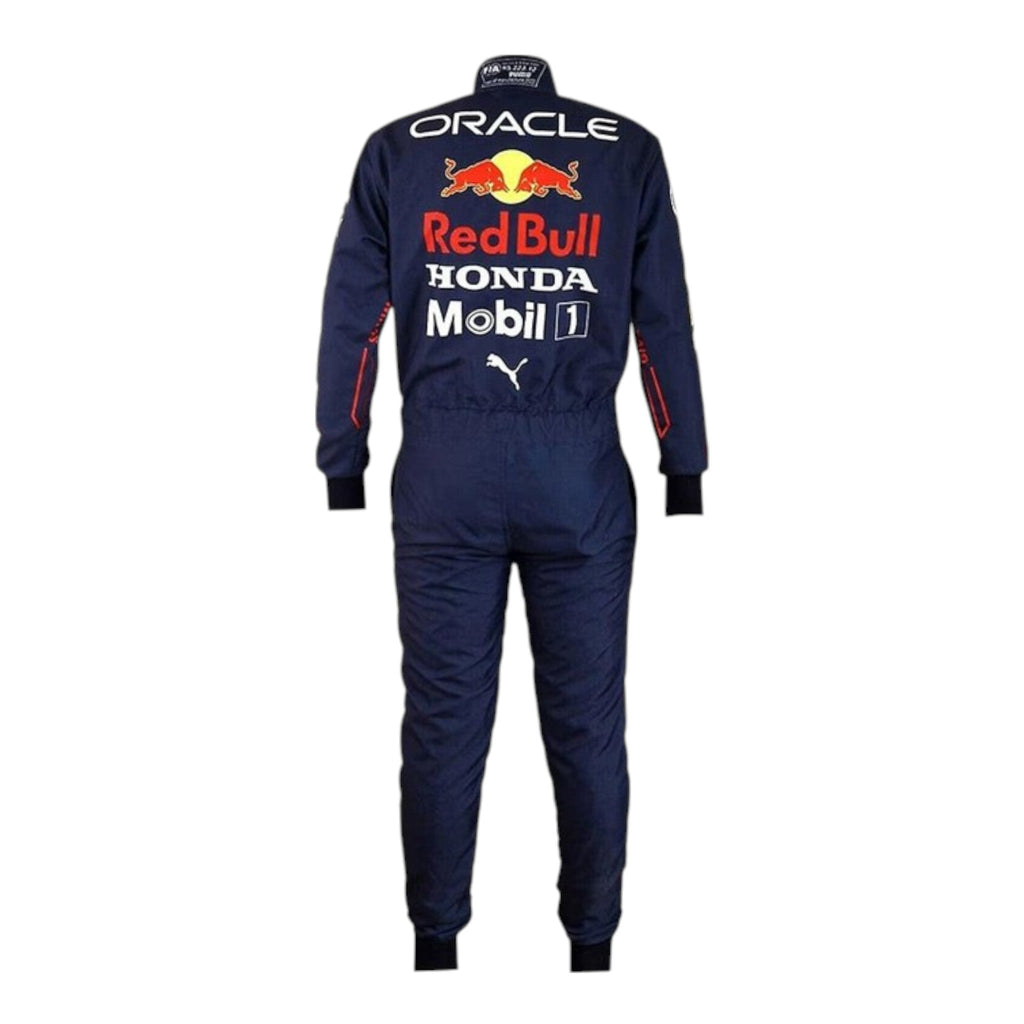 Max Verstappen 2022 Red Bull F1 race suit in navy blue with Red Bull and sponsor branding