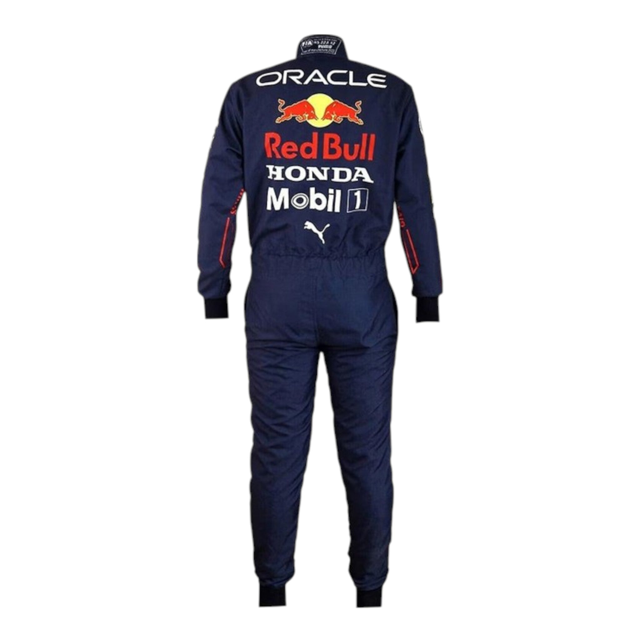 Max Verstappen 2022 Red Bull F1 race suit in navy blue with Red Bull and sponsor branding