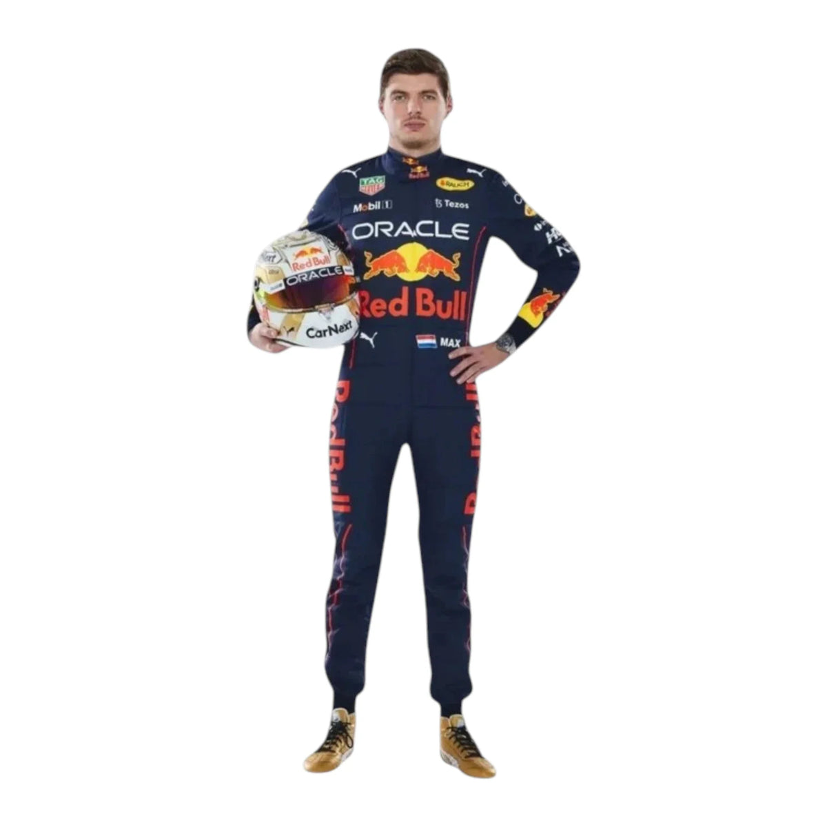Max Verstappen 2022 Red Bull F1 race suit in navy blue with Red Bull racing sponsor branding