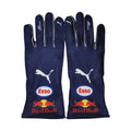 Max Verstappen 2022 Red Bull F1 racing gloves in dark navy with Oracle Red Bull Racing branding and sponsor logos