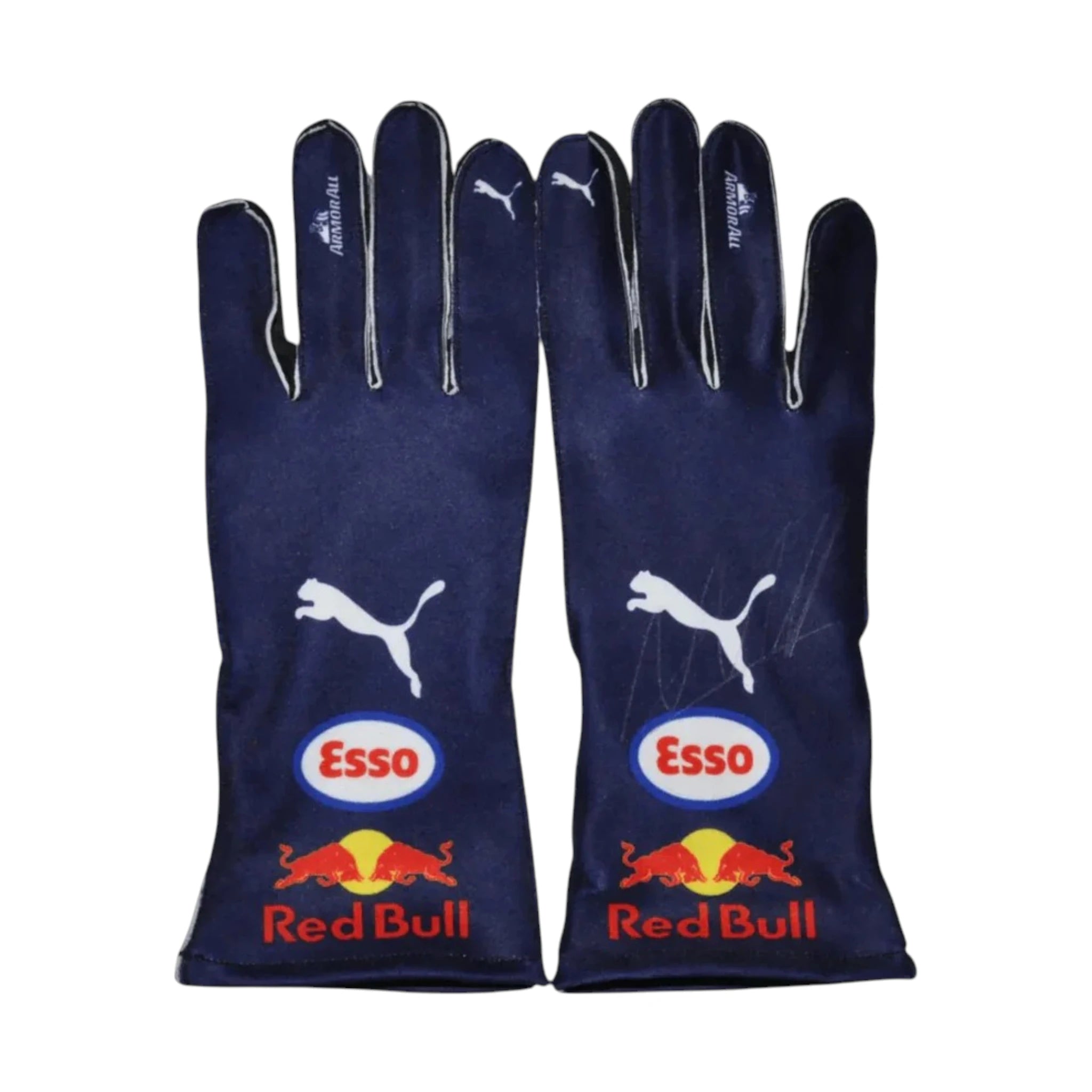 Max Verstappen 2022 Red Bull F1 racing gloves in dark navy with Oracle Red Bull Racing branding and sponsor logos
