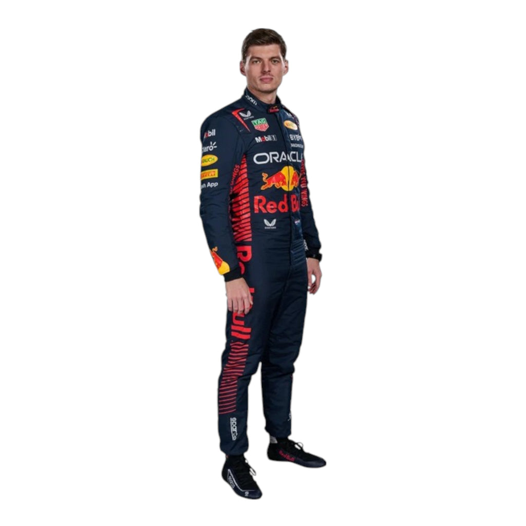 Max Verstappen 2023 Red Bull F1 race suit in navy blue with Red Bull and sponsor branding