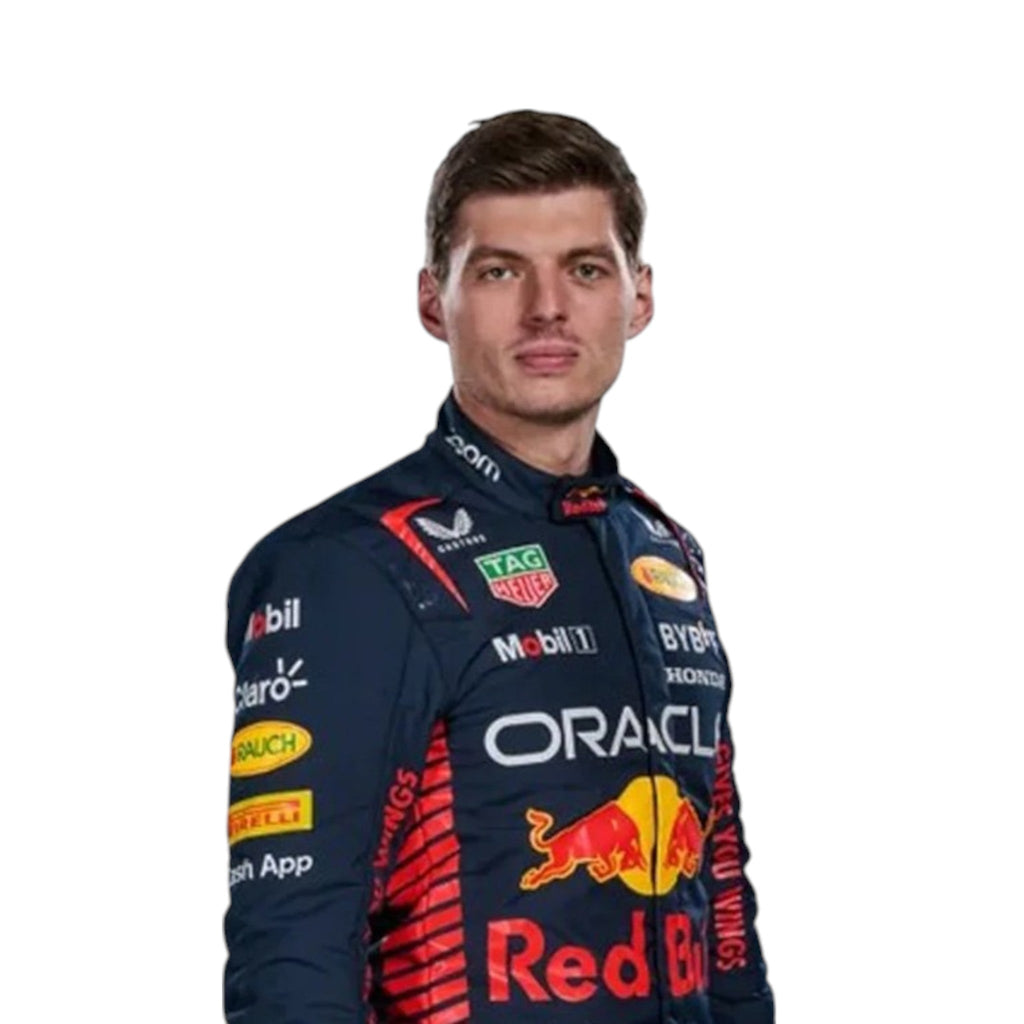 Max Verstappen 2023 Red Bull F1 race suit in navy blue with Red Bull and sponsor branding