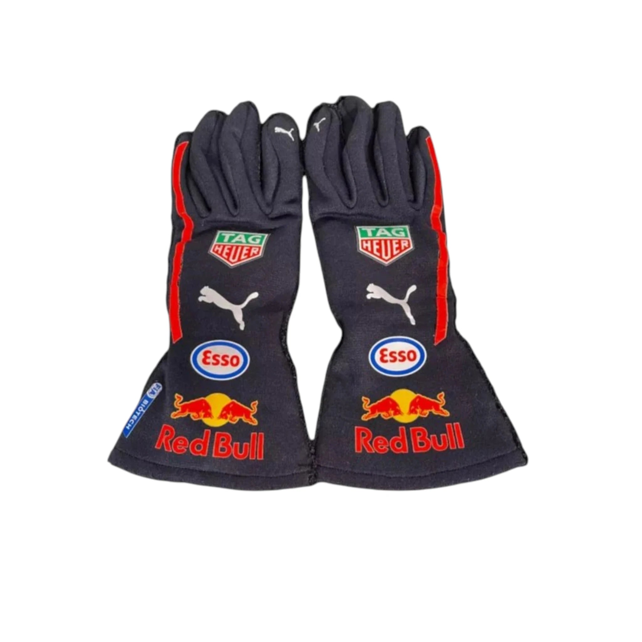 Max Verstappen 2023 Red Bull F1 racing gloves in dark navy with Oracle Red Bull Racing branding and sponsor logos