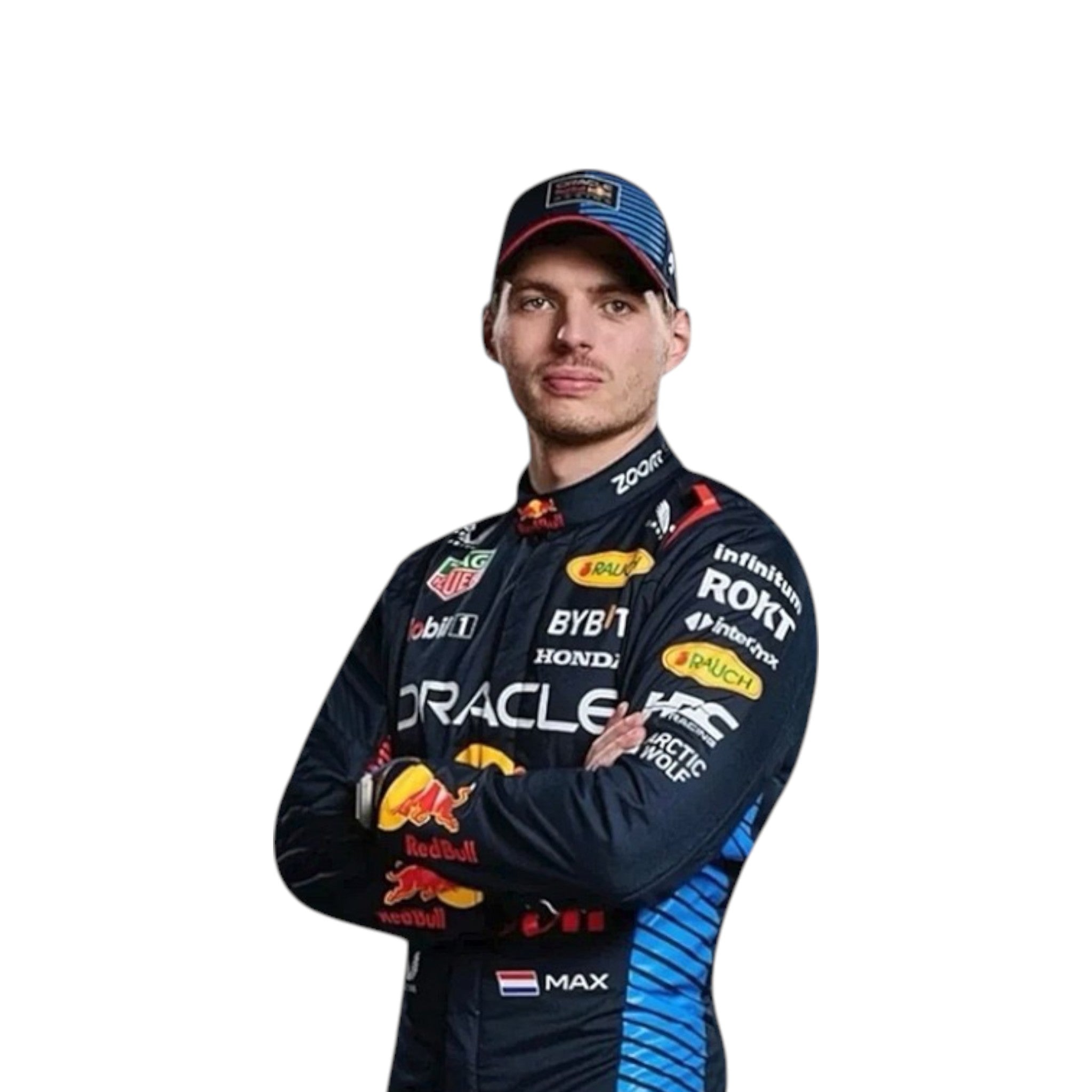 Max Verstappen 2024 Red Bull F1 race suit in navy with red and yellow accents and sponsor logos