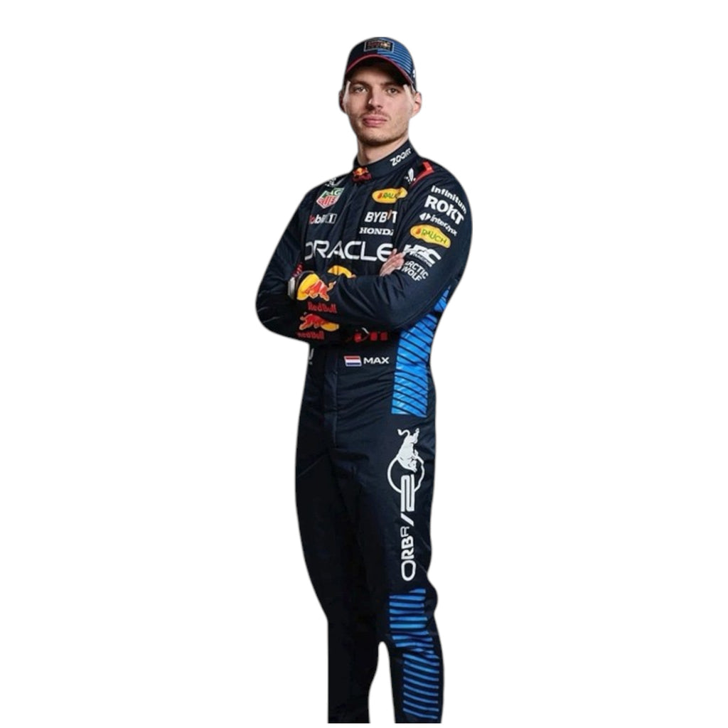 Max Verstappen 2024 Red Bull F1 race suit in navy with red and yellow accents and sponsor logos