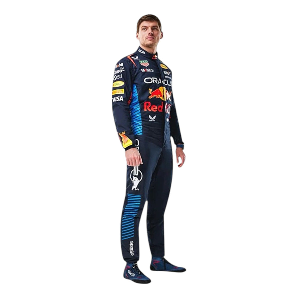 Max Verstappen 2024 Red Bull F1 race suit in navy with red and yellow accents and sponsor logos