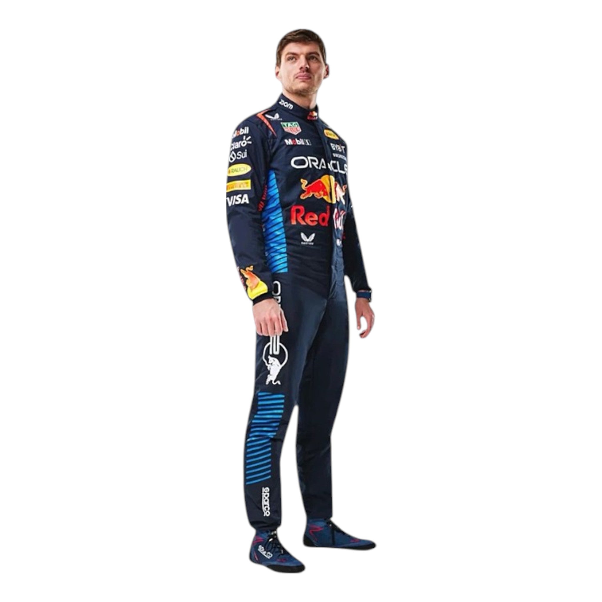 Max Verstappen 2024 Red Bull F1 race suit in navy with red and yellow accents and sponsor logos