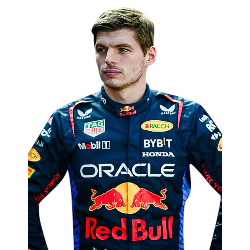 Max Verstappen 2024 Red Bull F1 race suit in navy with red and yellow accents and sponsor logos