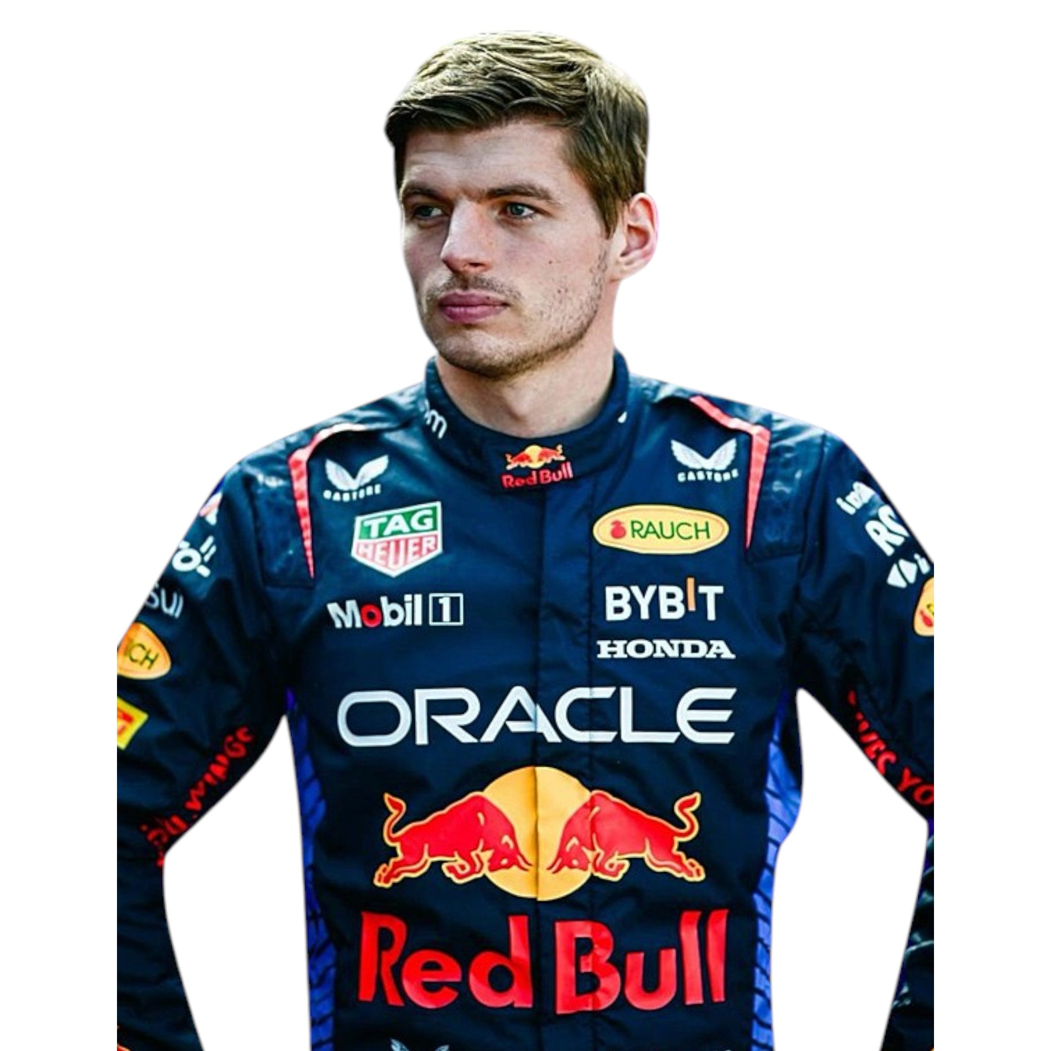 Max Verstappen 2024 Red Bull F1 race suit in navy with red and yellow accents and sponsor logos