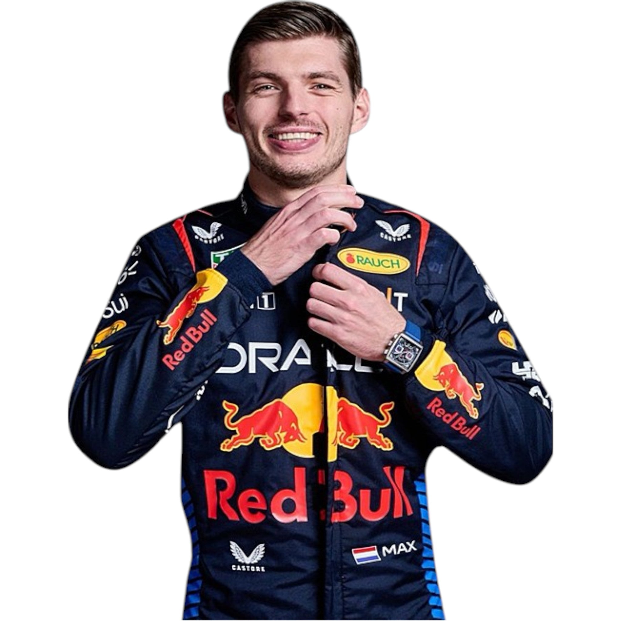 Max Verstappen 2024 Red Bull F1 race suit in navy with red and yellow accents and sponsor logos