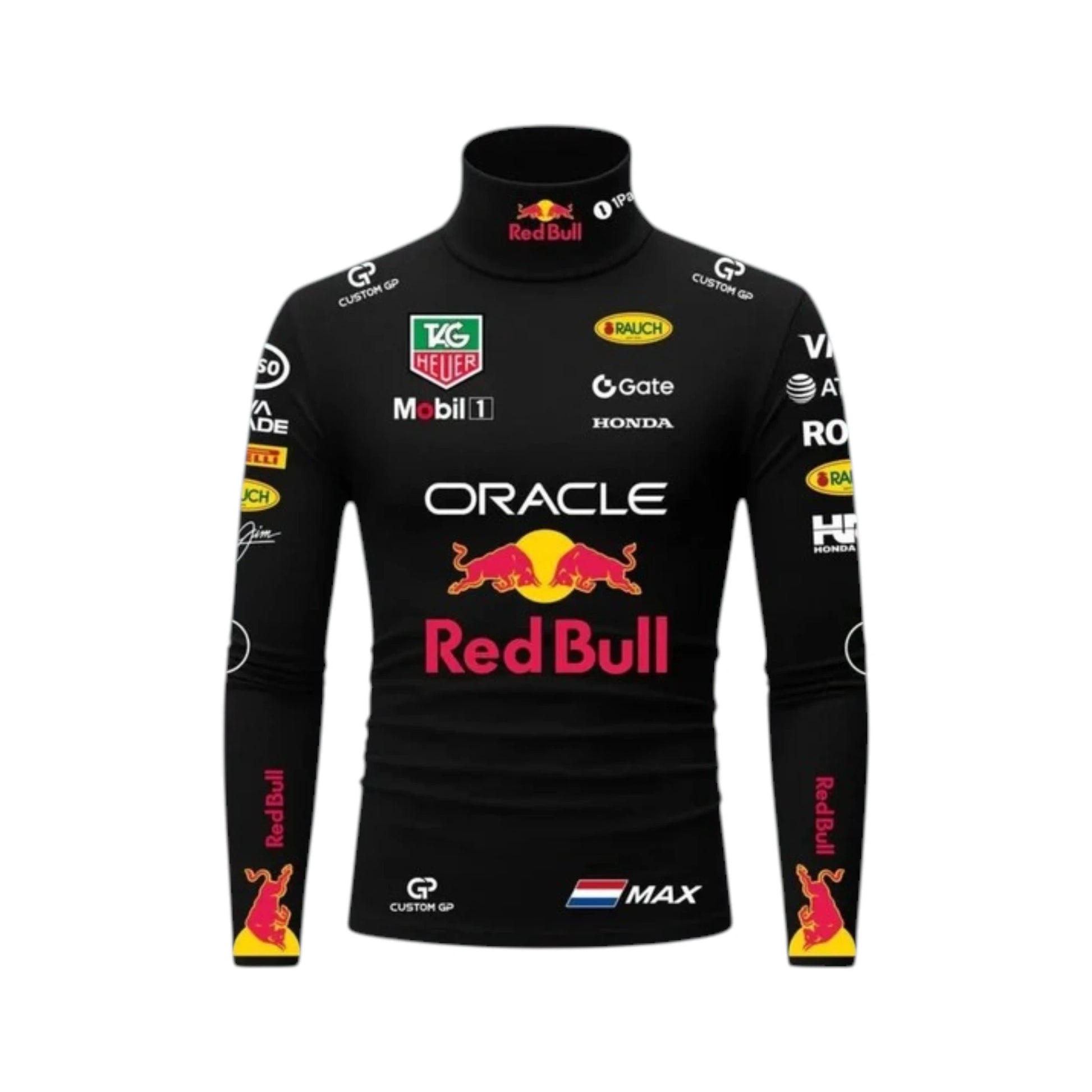 Max Verstappen 2024 Red Bull F1 Undershirt in black with authentic Oracle Red Bull Racing team logos and performance base layer design