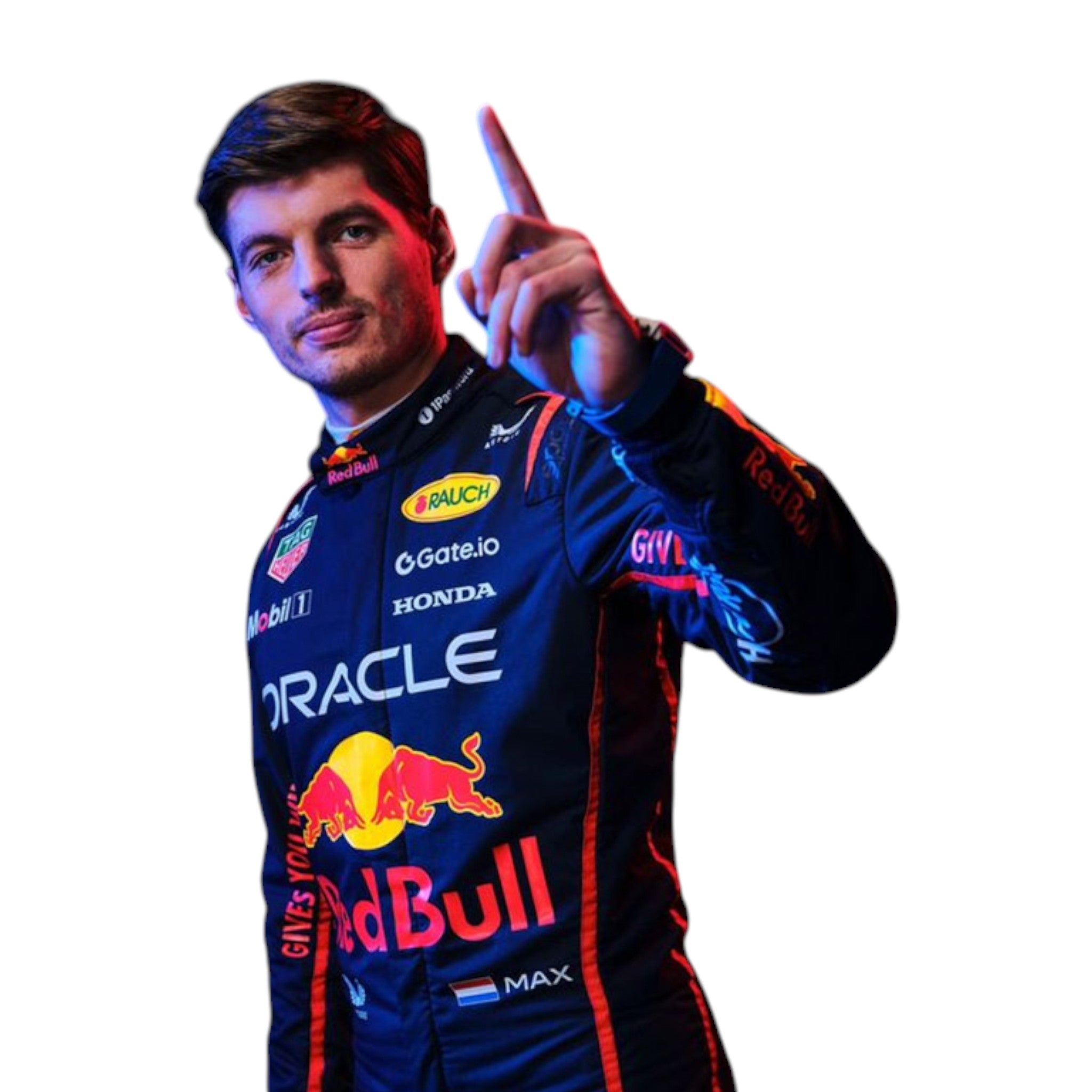 Max Verstappen 2025 Red Bull F1 race suit in dark navy with Red Bull Racing branding and sponsor logos