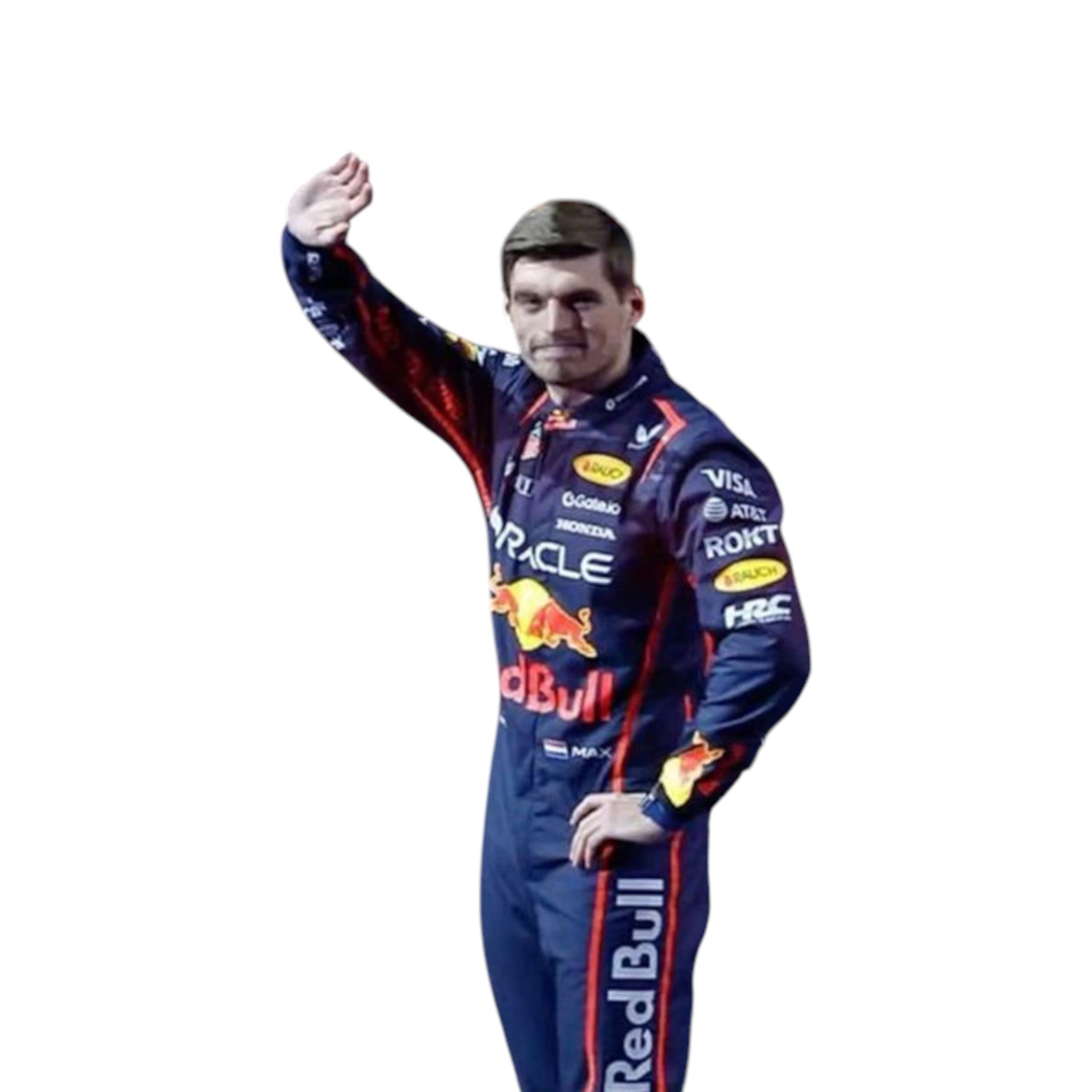 Max Verstappen 2025 Red Bull F1 race suit in dark navy with Red Bull Racing branding and sponsor logos