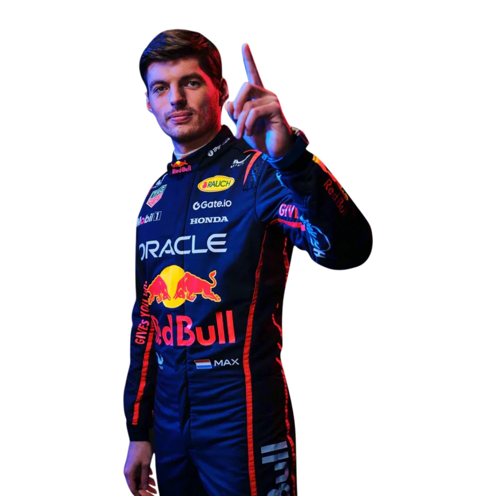 Max Verstappen 2025 Red Bull F1 race suit in dark navy with Red Bull Racing branding and sponsor logos