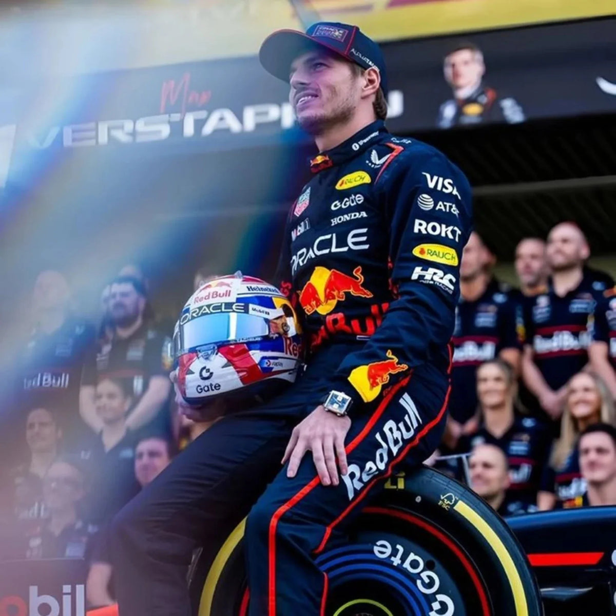 Max Verstappen 2025 Red Bull F1 race suit in dark navy with Red Bull Racing branding and sponsor logos