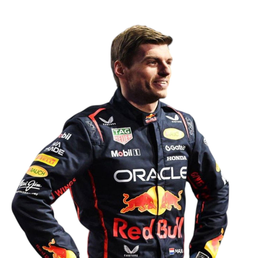 Max Verstappen 2025 Red Bull F1 race suit in dark navy with Red Bull Racing branding and sponsor logos