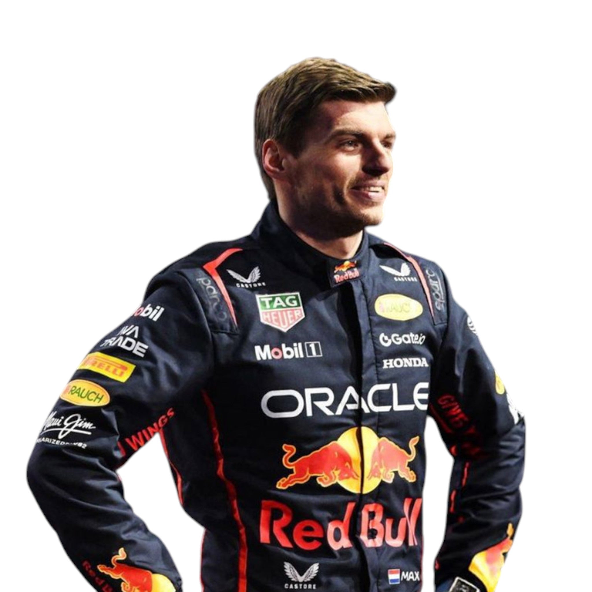 Max Verstappen 2025 Red Bull F1 race suit in dark navy with Red Bull Racing branding and sponsor logos