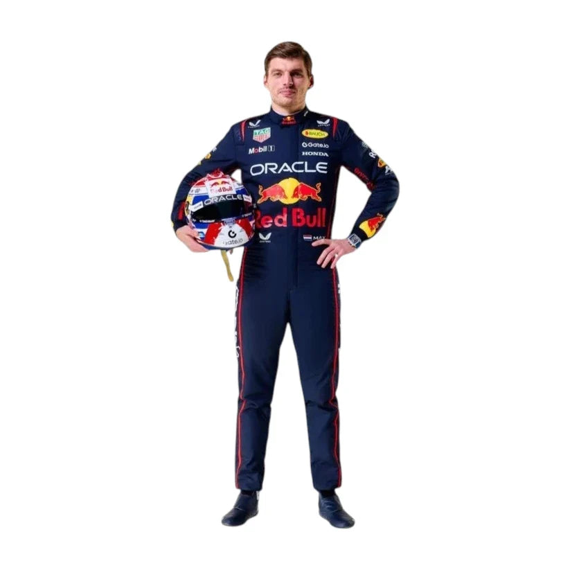 Max Verstappen 2025 Red Bull F1 race suit in dark navy with Red Bull Racing branding and sponsor logos