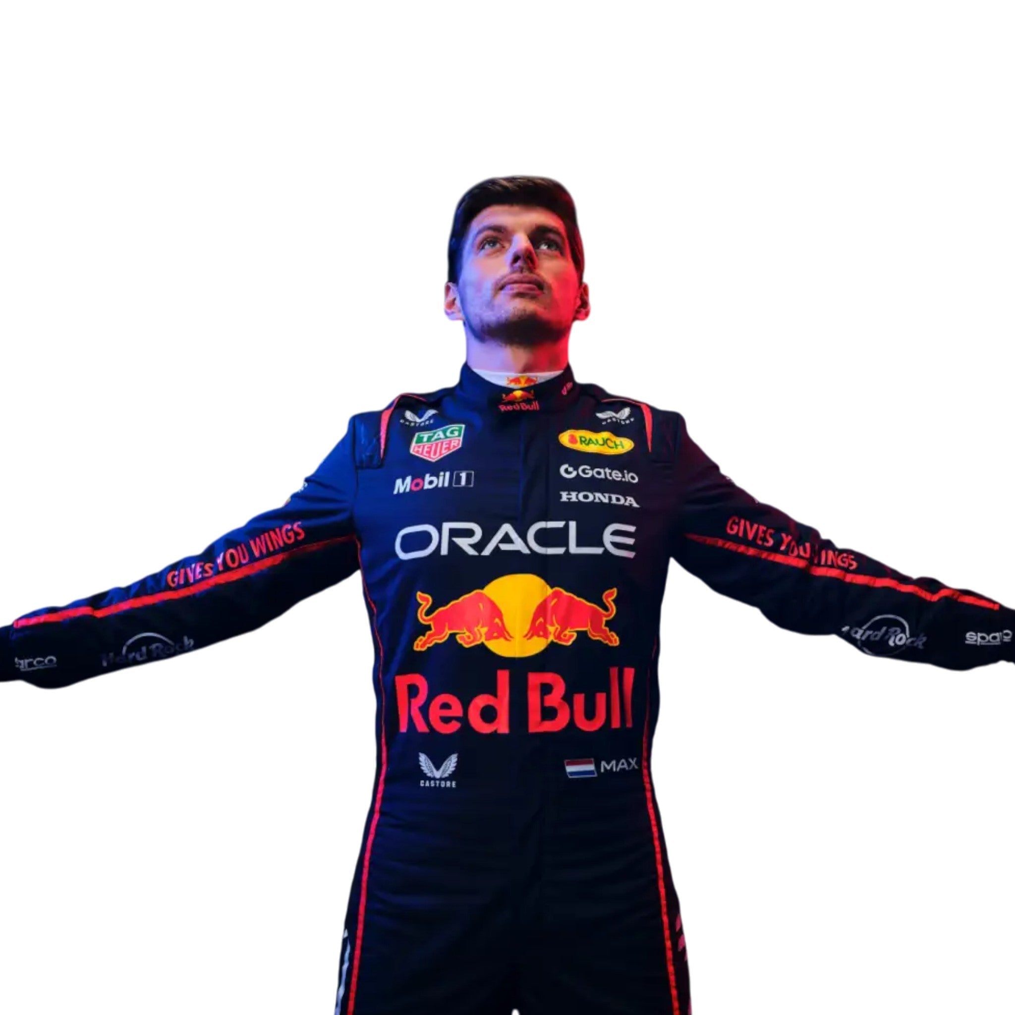 Max Verstappen 2025 Red Bull F1 race suit in dark navy with Red Bull Racing branding and sponsor logos