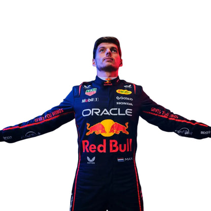 Max Verstappen 2025 Red Bull F1 race suit in dark navy with Red Bull Racing branding and sponsor logos
