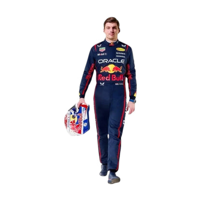 Max Verstappen 2025 Red Bull F1 race suit in dark navy with Red Bull Racing branding and sponsor logos