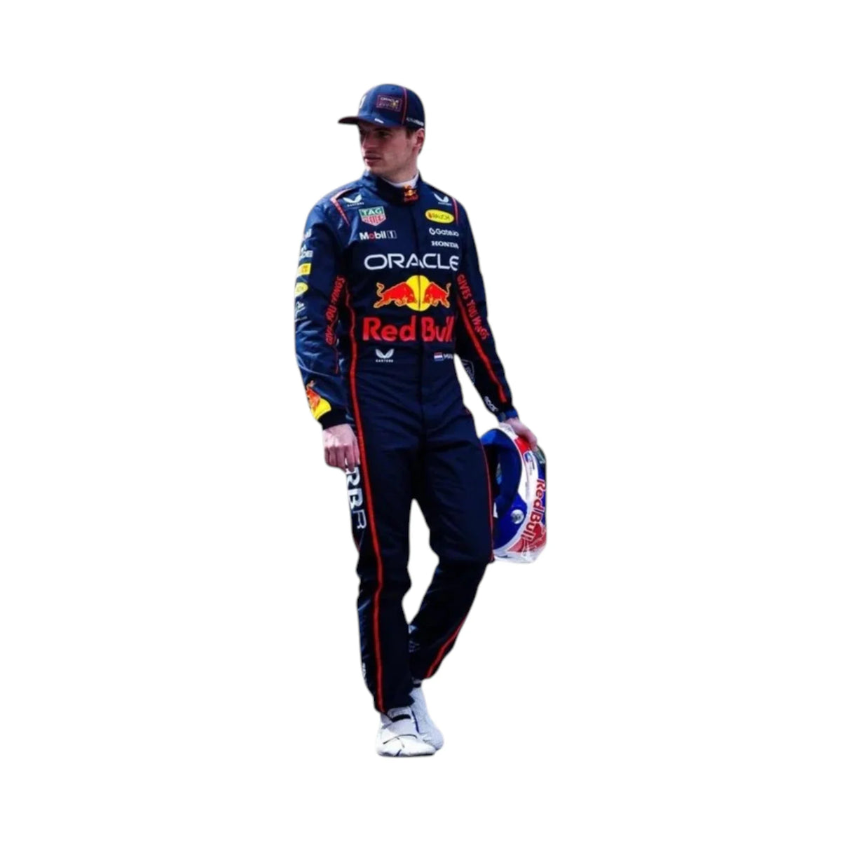Max Verstappen 2025 Red Bull F1 race suit in dark navy with Red Bull Racing branding and sponsor logos