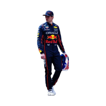 Max Verstappen 2025 Red Bull F1 race suit in dark navy with Red Bull Racing branding and sponsor logos