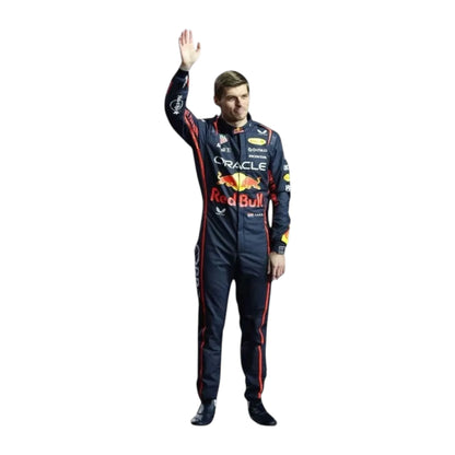 Max Verstappen 2025 Red Bull F1 race suit in dark navy with Red Bull Racing branding and sponsor logos