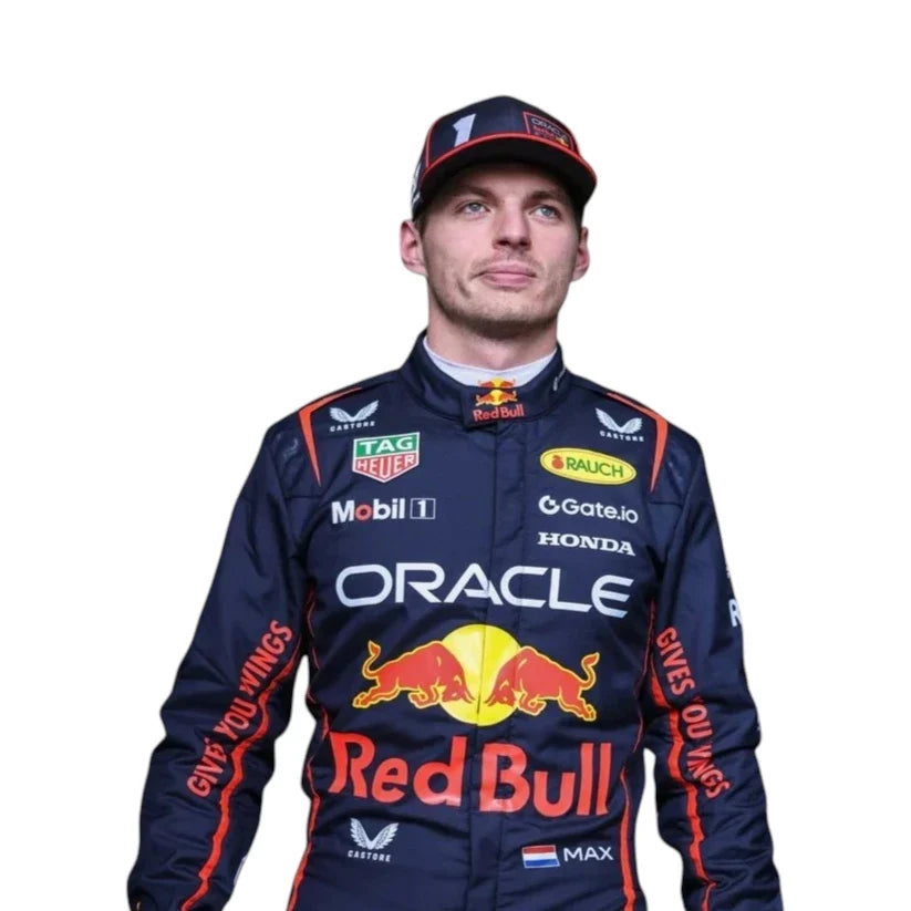 Max Verstappen 2025 Red Bull F1 race suit in dark navy with Red Bull Racing branding and sponsor logos