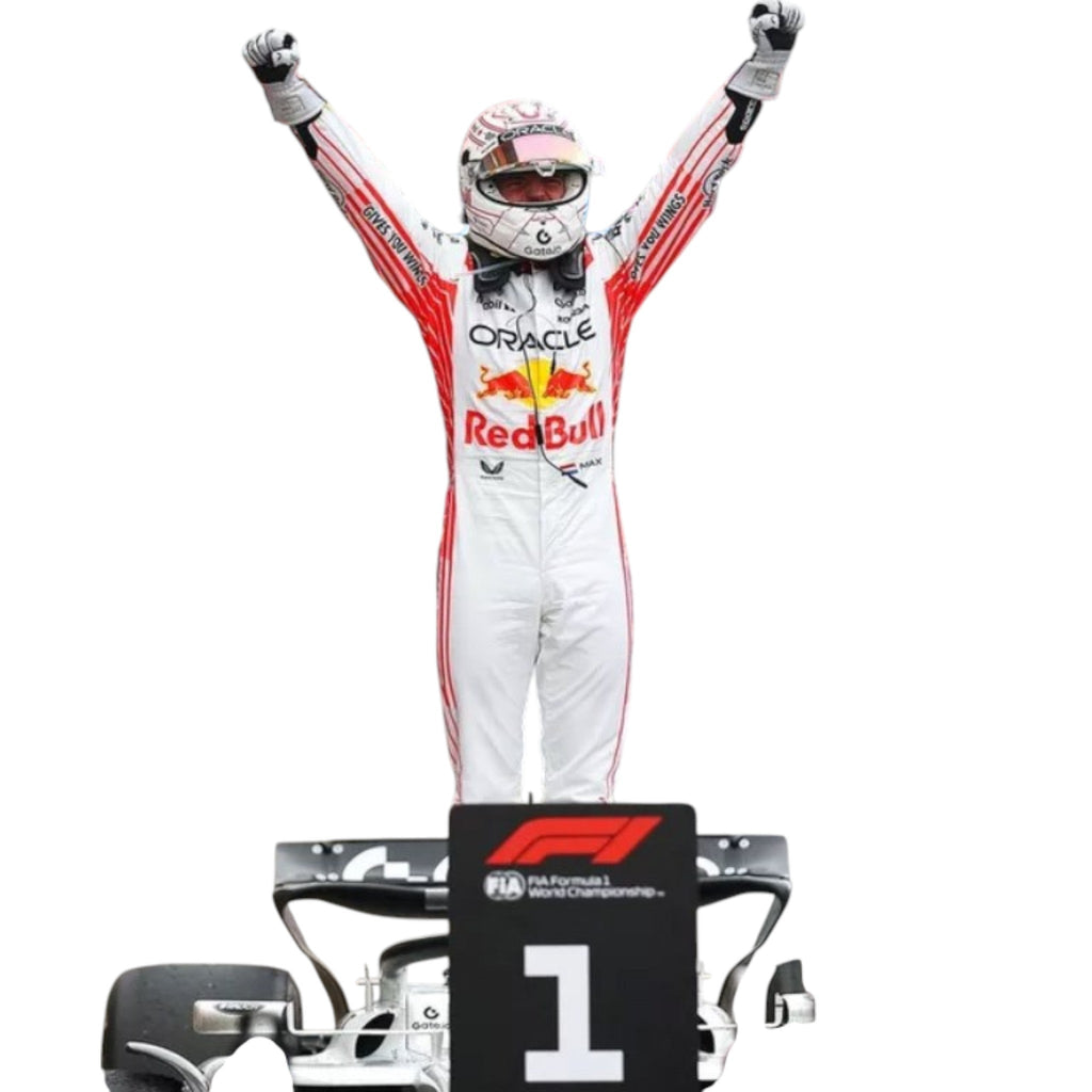 Max Verstappen 2025 Red Bull Japanese GP F1 race suit in white and red with sponsor branding