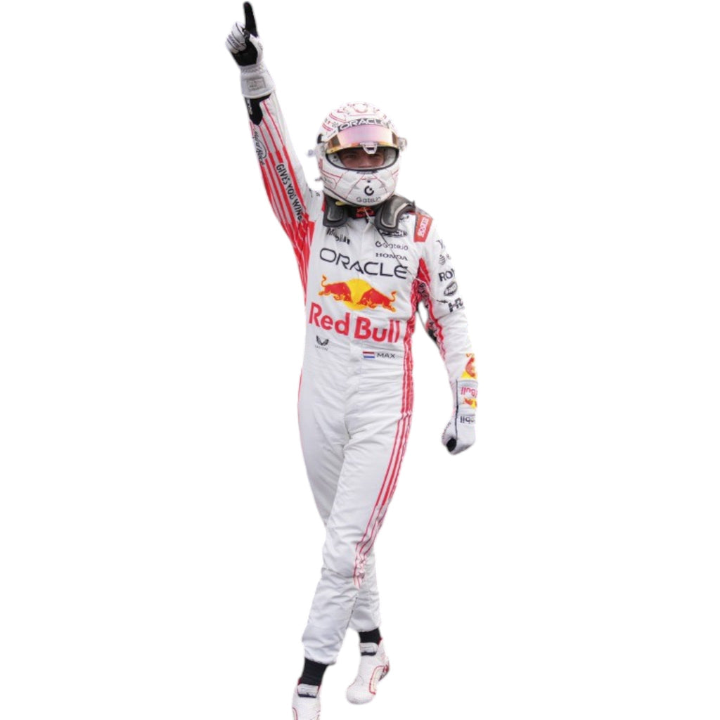 Max Verstappen 2025 Red Bull Japanese GP F1 race suit in white and red with sponsor branding