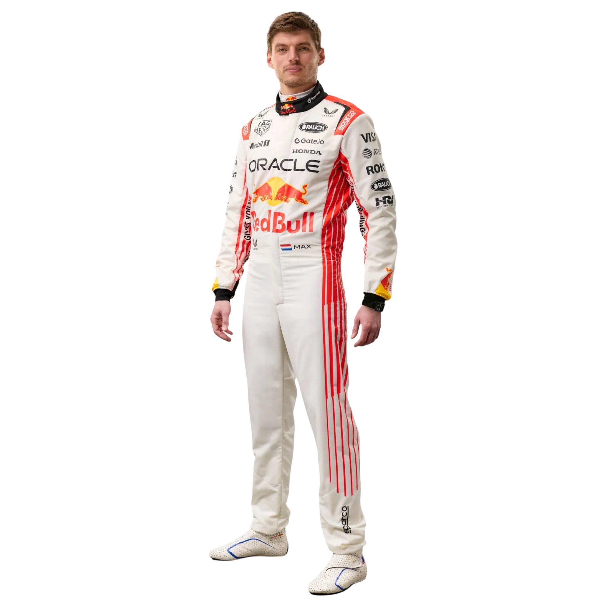 Max Verstappen 2025 Red Bull Japanese GP F1 race suit in white and red with sponsor branding