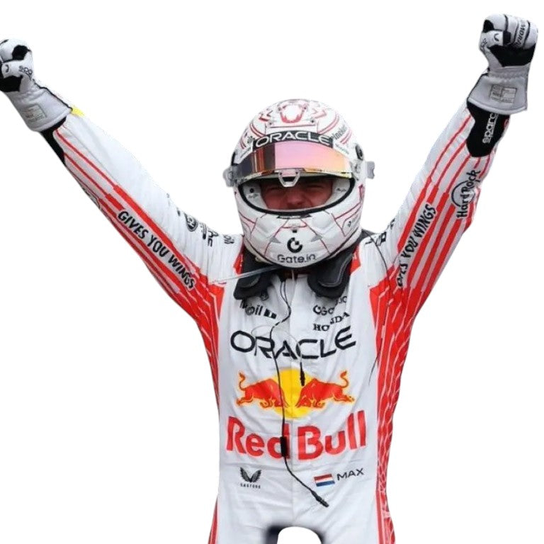 Max Verstappen 2025 Red Bull Japanese GP F1 race suit in white and red with sponsor branding