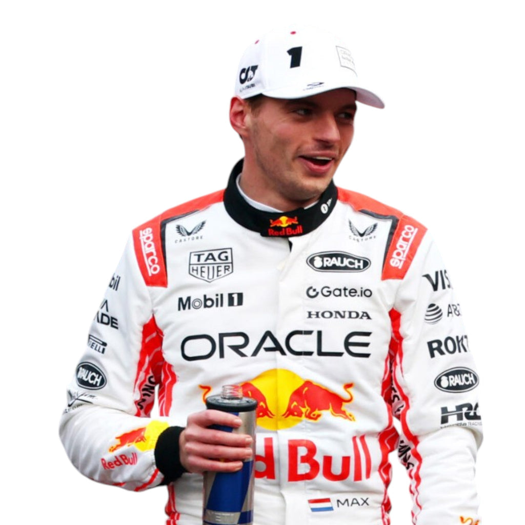 Max Verstappen 2025 Red Bull Japanese GP F1 race suit in white and red with sponsor branding