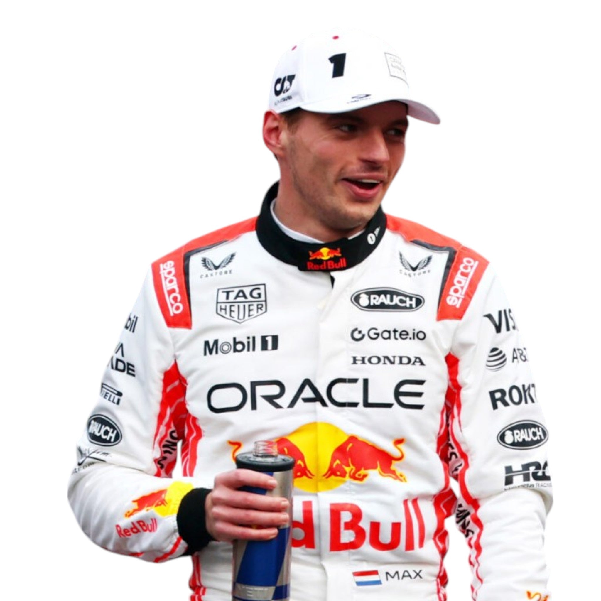 Max Verstappen 2025 Red Bull Japanese GP F1 race suit in white and red with sponsor branding
