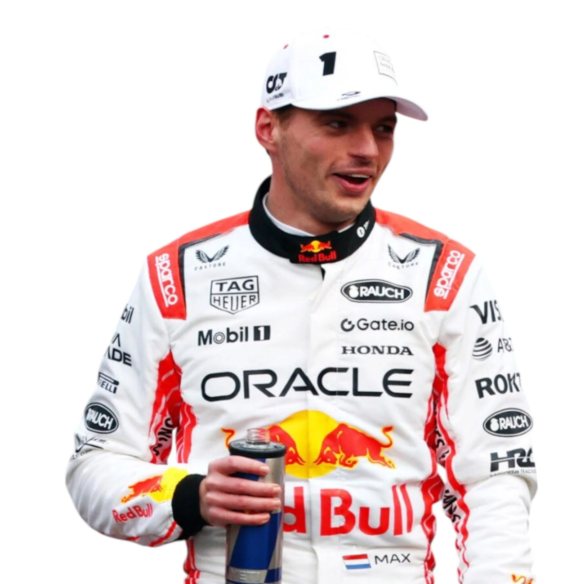 Max Verstappen 2025 Red Bull Japanese GP F1 race suit in white and red with sponsor branding