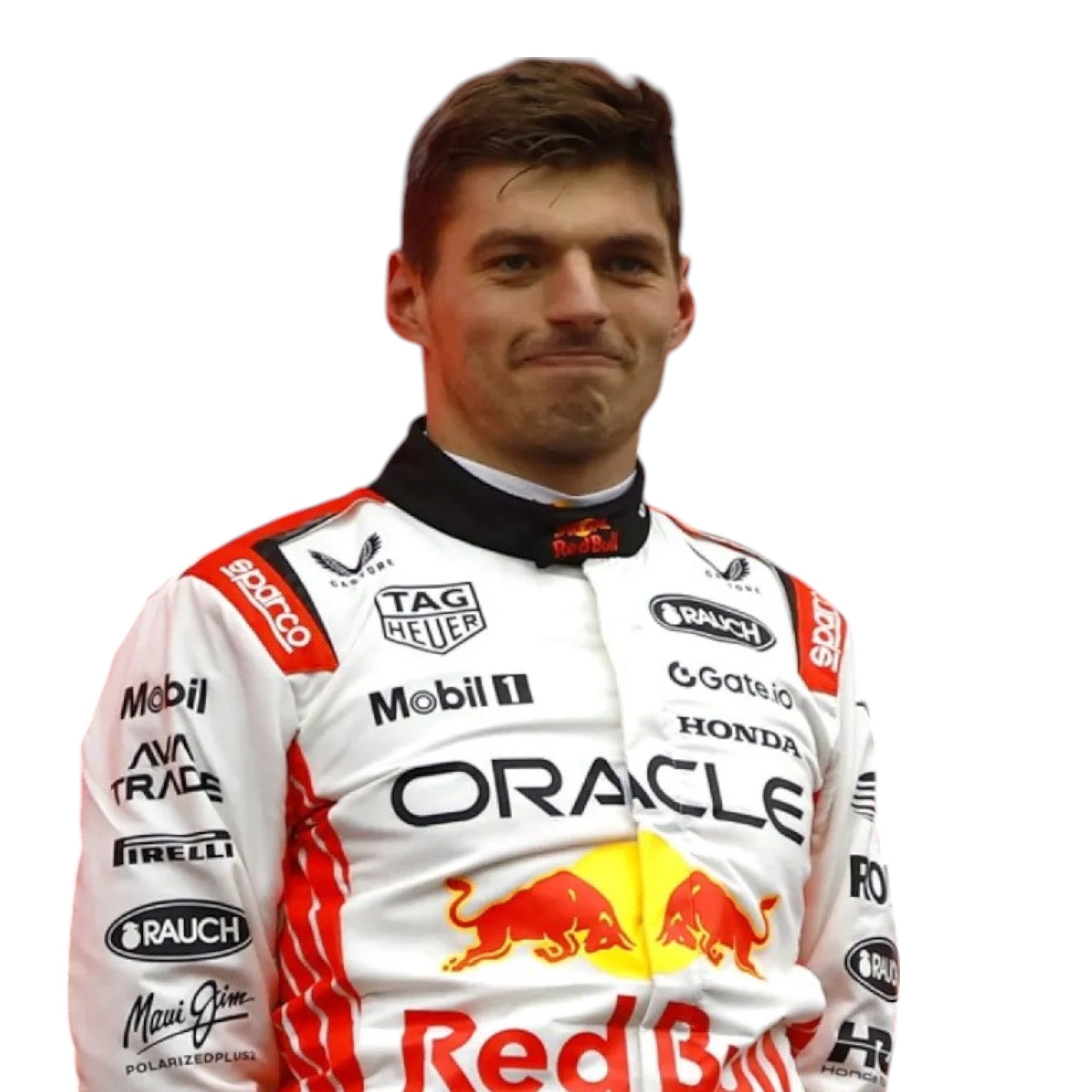 Max Verstappen 2025 Red Bull Japanese GP F1 race suit in white and red with sponsor branding