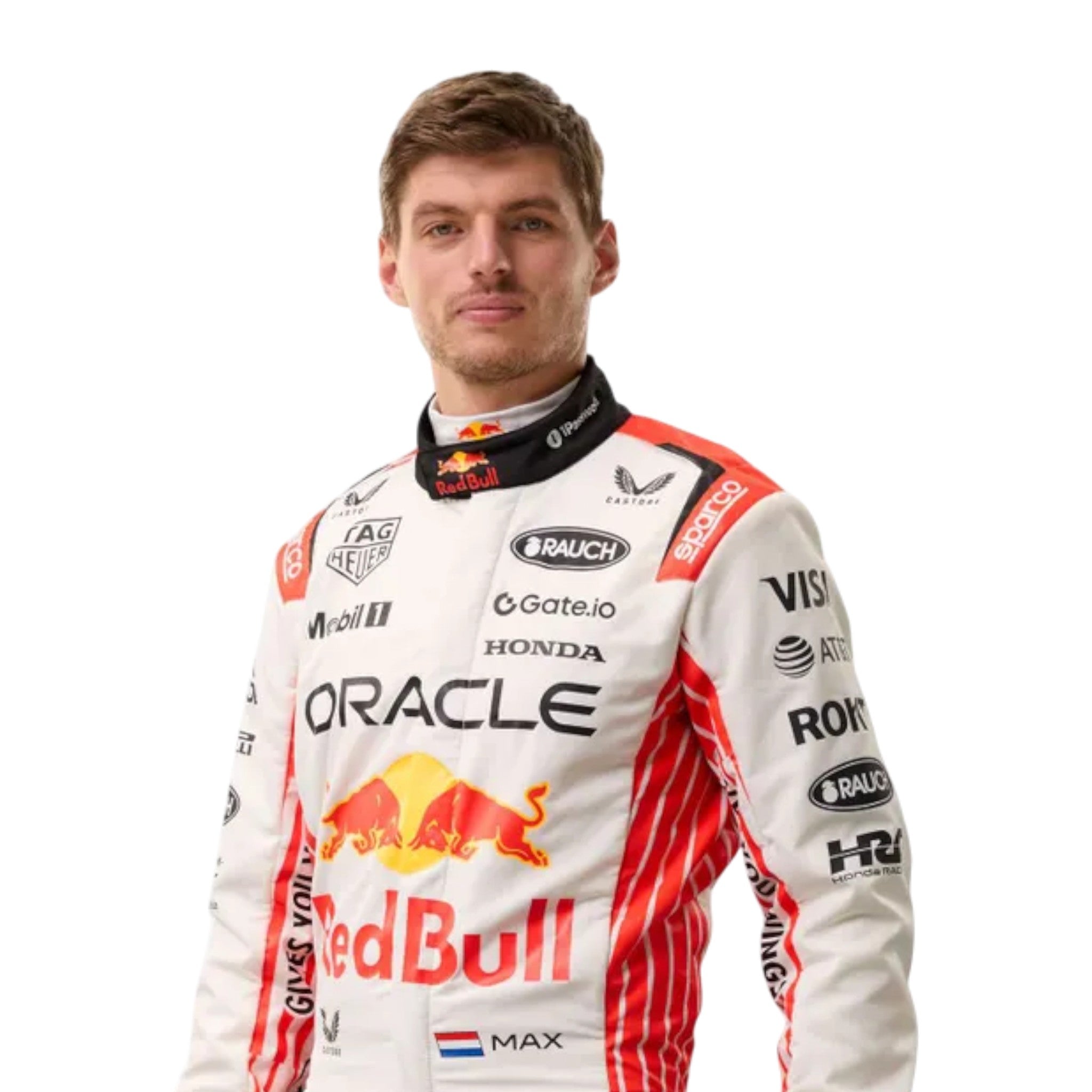 Max Verstappen 2025 Red Bull Japanese GP F1 race suit in white and red with sponsor branding
