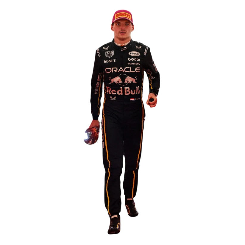 Max Verstappen 2025 Red Bull Las Vegas GP F1 race suit with special edition Las Vegas Grand Prix design and sponsor logos
