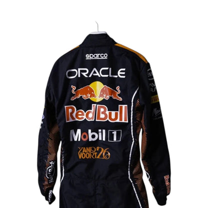 Max Verstappen 2026 Red Bull Dutch GP F1 Racing Suit in navy featuring team sponsor graphics and detailed racing design