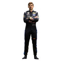 Max Verstappen 2026 Red Bull F1 race suit in dark navy blue with red and yellow accents featuring sponsor logos