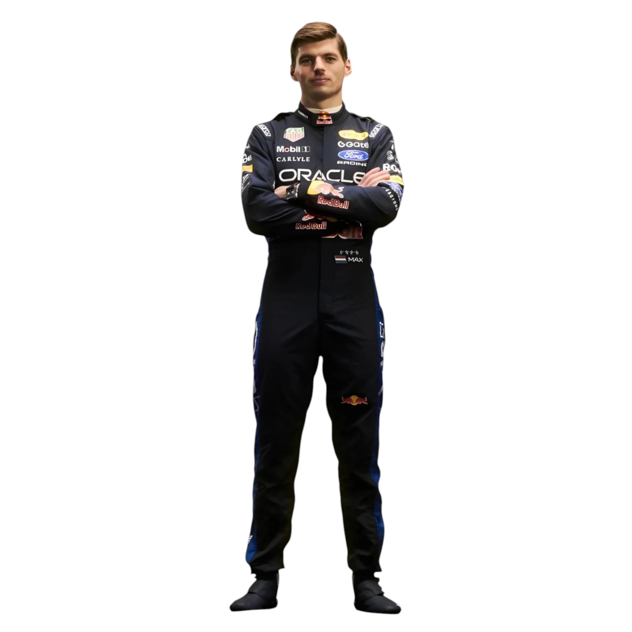 Max Verstappen 2026 Red Bull F1 race suit in dark navy blue with red and yellow accents featuring sponsor logos